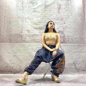Handmade stonewashed Ohm Print Harem Pants Navy